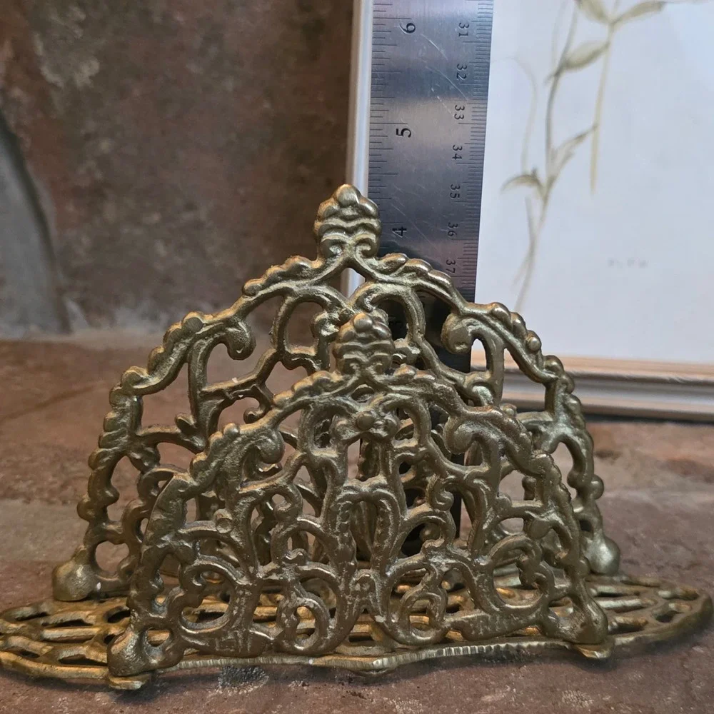 Vintage Brass Napkin Holder Ornate Filigree Letter Sorter Cast Metal Gold Tone